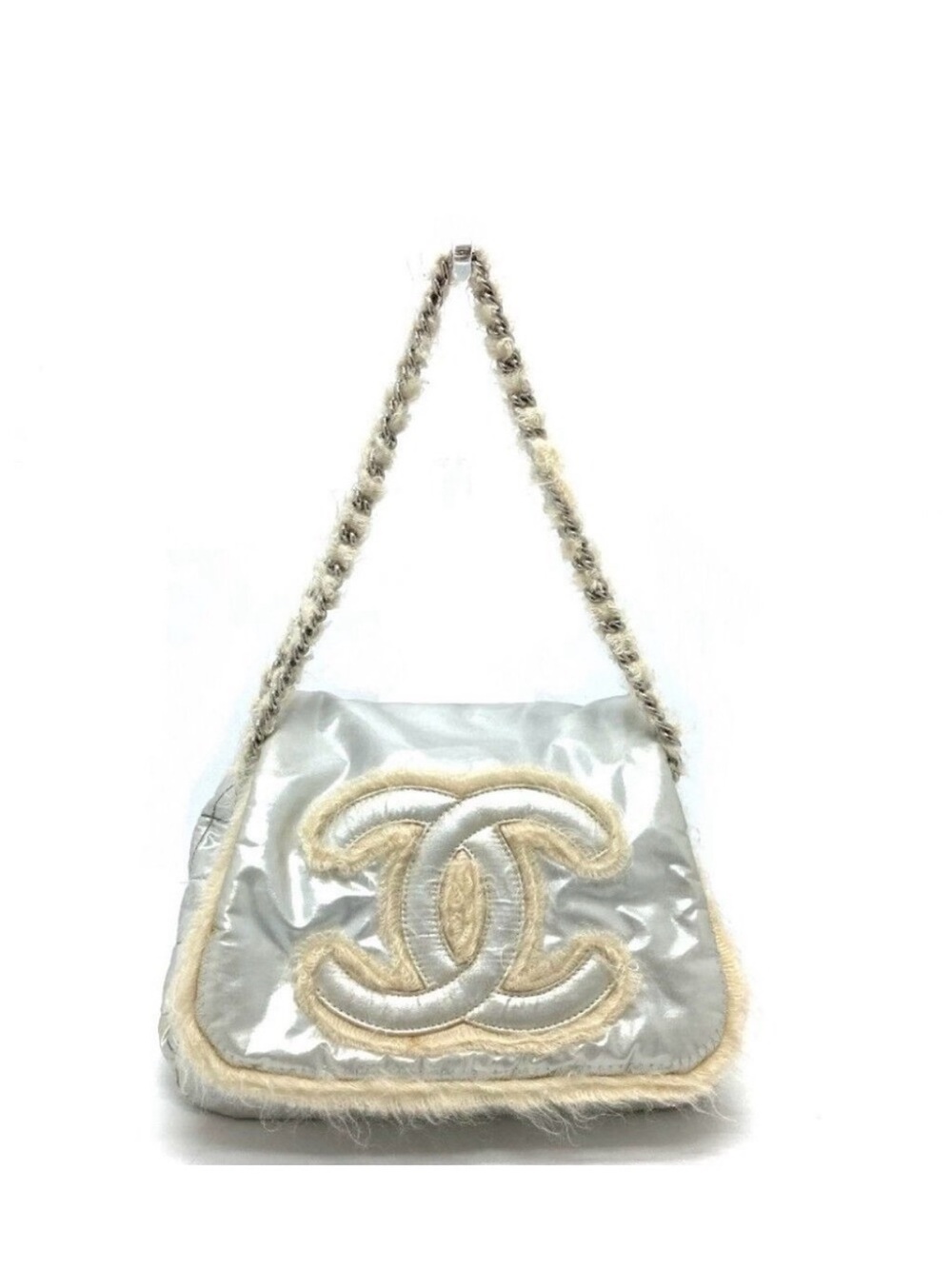 CHANEL Silver & Cream Quilted CC Appliqué Shoulder Bag
